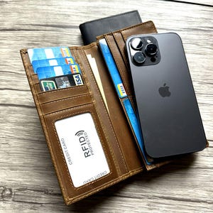 Cartera de cuero personalizada, billetera larga para hombres y mujeres, billetera unisex, billetera plegable RFID de cuero genuino, tarjetero minimalista con 13 ranuras para tarjetas.