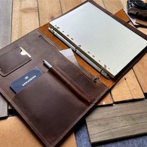 Leder Mappe mit Reißverschluss 3 & 6 Ringe Personalisierte Organizer Hülle, Dokumentenhalter für Frauen, Ordner Folio für Männer, A4 Padfolio