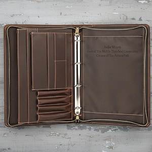Personalized Leather Portfolio Binder 3 Rings A4 Zippered Organizer Case Work Document Padfolio Folder