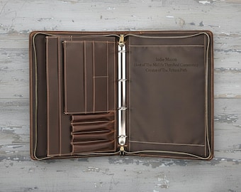 Personalized Leather Portfolio Binder 3 Rings A4 Zippered Organizer Case Work Document Padfolio Folder