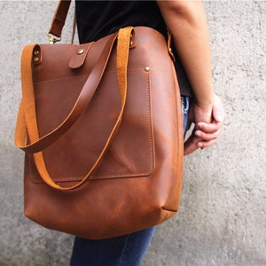 Handmade Full Grain Leather Tote Bag: 14-inch Laptop Crossbody