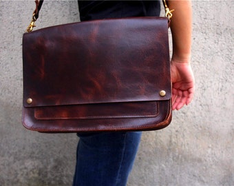 Handmade Full Grain Leather Laptop Messenger Bag: Unisex Crossbody