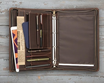Personalized Genuine Leather Portfolio Binder 3 Rings A4 Zippered Organizer Case Document Holder Padfolio
