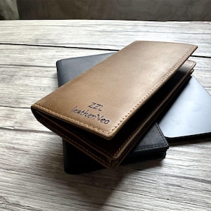 Cartera de cuero grabada, billetera larga para hombre y mujer, unisex, billetera plegable RFID de cuero genuino, tarjetero minimalista con 13 ranuras para tarjetas.