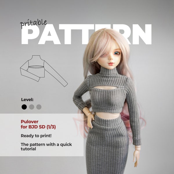 PDF Sewing Pattern Pullover for BJD Dolls, Croptop 1/3 dolls, top 24 inch doll, Turtleneck Smart Doll