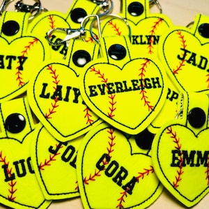 Personalized Softball Keychain, Neon Yellow Matte HEART- Name Only- Block Font