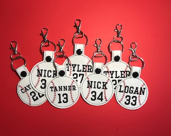 Personalized Baseball Keychain,  White Baseball Bag Tags-Embroidered Baseball Keychains, Personalized Name Tag, ROUND- NAME & NUMBER