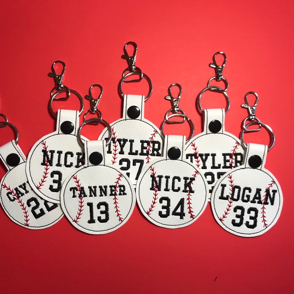 Personalized Baseball Keychain,  White Baseball Bag Tags-Embroidered Baseball Keychains, Personalized Name Tag, ROUND- NAME & NUMBER