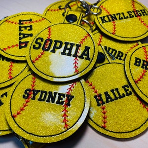 Softball Keychain Embroidered Keychain Bag Tag- Name Only BLOCK Font-Yellow Glitter