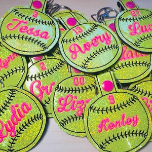 Softball Cursive Name & Number Bag Tags, Personalized Softball Green Glitter and Neon Pink Keychain