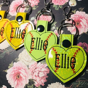 Personalized Softball Keychain, Softball Bag Tag, Heart- Fun Font, Yellow Glitter Shown