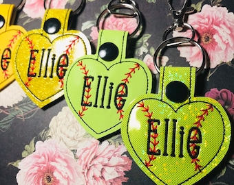 Personalized Softball Keychain, Softball Bag Tag, Heart- Fun Font, Yellow Glitter Shown