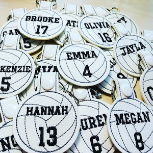 Personalized Volleyball Keychain SMALL Bag Tag- White Matte Name & Number, Two Names OR Coach + Name