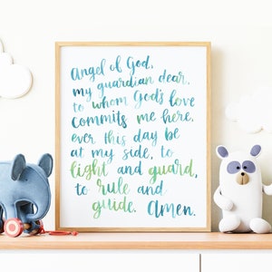 Angel of God Watercolor Print, Catholic Nursery Art, Catholic Decor, Catholic children baptism art
