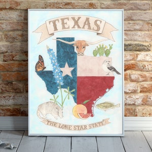 Texas State Symbols Watercolor Print, Texas Home Decor, Texas Wall Art, Gifts for Texas, Texas Souvenir