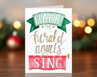 Religious Christmas Cards (Set of 10 or 20), Card with Scripture, Hark the Herald Angels Sing, Christmas Greeting Cards, Hand Lettered Cards