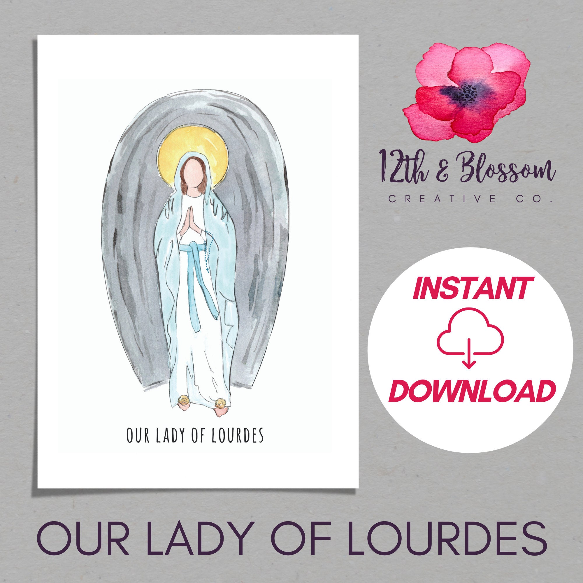 Our Lady of Lourdes Instant Download Art Print, Catholic Gift, Marian Wall Art, Catholic Home Decor, Virgin Mary Art, Catholic Printable
