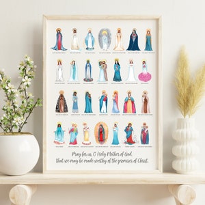 Titles of Mary 11x14 Poster Print, Our Lady of Guadalupe, Our Lady of Lourdes, Our Lady of Fatima, Catholic Wall Art, Catholic Home, Baptism