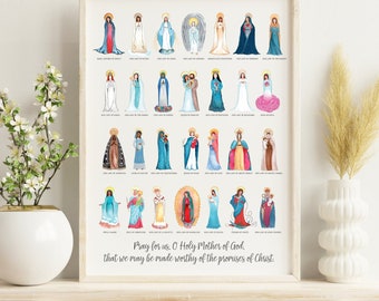 Titles of Mary 11x14 Poster Print, Our Lady of Guadalupe, Our Lady of Lourdes, Our Lady of Fatima, Catholic Wall Art, Catholic Home, Baptism