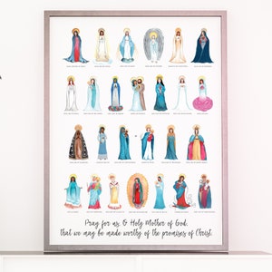 Titles of the Virgin Mary 18x24 Poster, Catholic Home, Catholic Poster, Lourdes, Fatima, Guadalupe, Undoer of Knots, Catholic Nursery Art