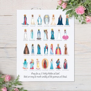 Titles of Mary 8x10 Art Print - Our Lady of Mount Carmel, Our Lady of Guadalupe, Catholic Mary Art Print, Virgin Mary Home Decor Minimalist