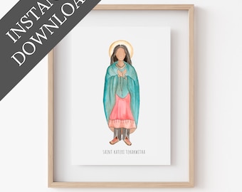 Santa Kateri Tekakwitha Impresión digital de acuarela minimalista - Devoción católica - Regalo de confirmación del bautismo