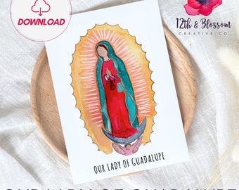 May include: Watercolor painting of Our Lady of Guadalupe, a religious figure, in a red and blue robe with a golden halo. The painting is on a white background with the text "Our Lady of Guadalupe" below the image.