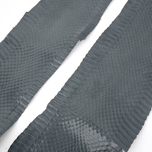 Puede incluir: Dos piezas de cuero de piel de serpiente gris con un patrón texturizado y escamoso. El cuero es de un color gris apagado y parece recién cortado, con bordes visibles. Las piezas están sobre un fondo blanco.