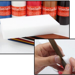 May include: A white foam applicator sponge, leather dye bottles, and leather samples are displayed. The image also shows a close-up of a person using the sponge to apply dye to a leather strip. The bottles have the text "my leatherTool" on them.