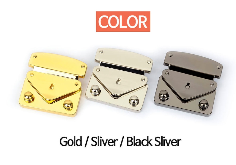 May include: Three metal purse clasps in gold, silver, and black. Each clasp has a rectangular base with rounded corners, a hinged top, and decorative rivets. The word "COLOR" is in a red rectangle above the clasps. The text "Gold / Sliver / Black Sliver" is below.