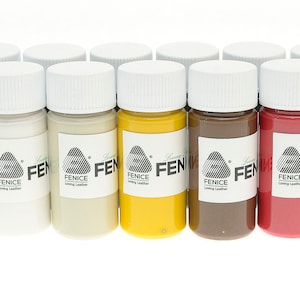 May include: A collection of small paint bottles with white lids. The bottles contain various colors, including white, beige, yellow, brown, and red. Each bottle has a label with the text "FENICE Loving Leather".