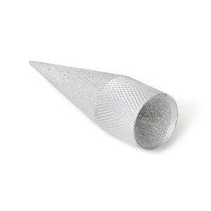 May include: A silver-colored, cone-shaped tool with a textured, diamond-patterned grip. The tool tapers to a point and has a cylindrical base. The object is set against a white background.