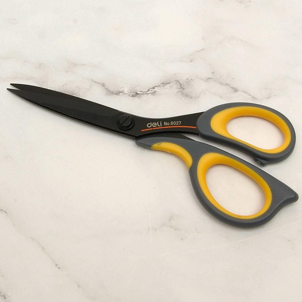 Leather Cutting Scissors DELI 6027 Grey Yellow Handle Leather