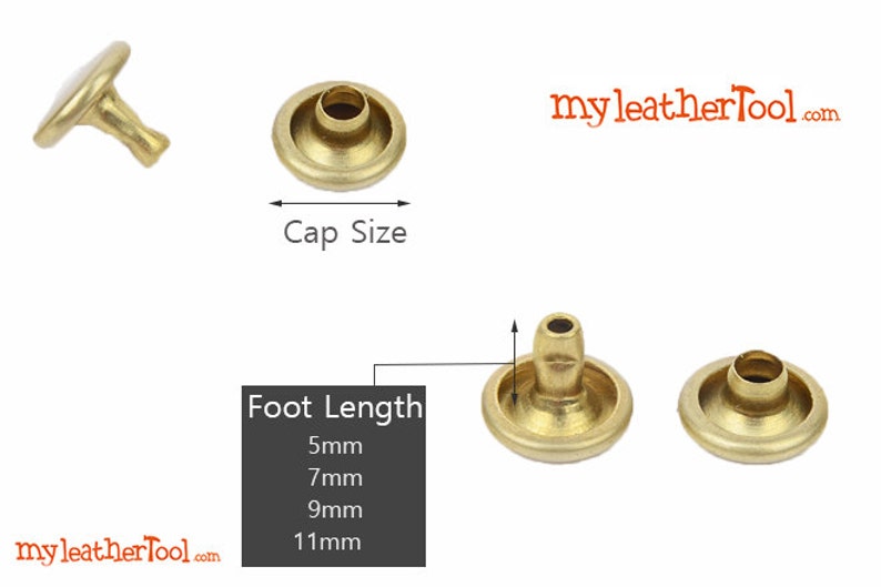 May include: Brass-colored metal rivets with a cap size and foot length options of 5mm, 7mm, 9mm, and 11mm. The rivets are shown in various angles, with the text "my leatherTool.com" in the image.