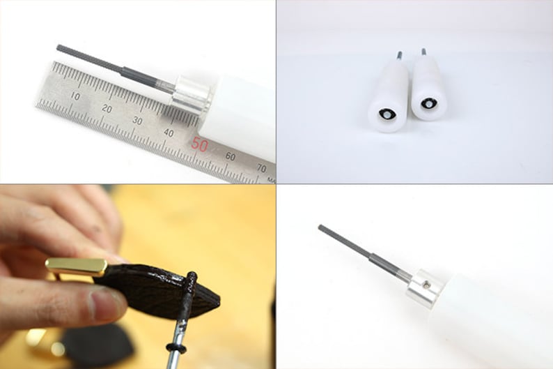 May include: A set of leatherworking tools, including a grooving tool with a white handle and a ruler showing measurements in centimeters. The tools are used for leather crafting, with close-up shots of the tools and leather.