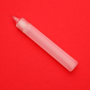May include: A clear, translucent plastic dropper bottle with a tapered tip and a screw-on cap. The bottle is cylindrical and appears empty, set against a solid red background. The dropper is designed for dispensing liquids.