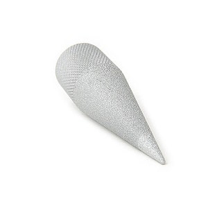 May include: A silver-colored, cone-shaped object with a textured, rounded top and a pointed end. The object is set against a white background, highlighting its shape and metallic appearance. The design suggests a tool or decorative item.