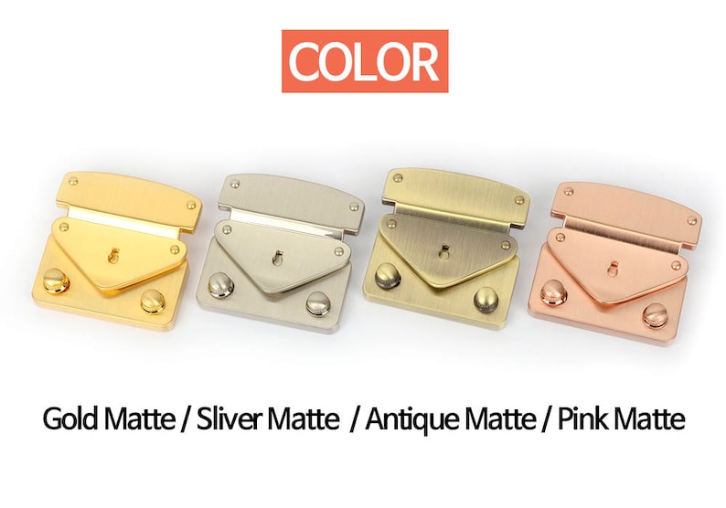 May include: Four metal purse clasps in gold, silver, antique, and pink matte finishes. Each clasp has a rectangular top, a triangular flap, and two round rivets. The word "COLOR" is in a red box above the clasps.