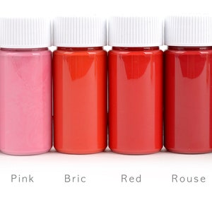 May include: Six small bottles filled with shades of red and pink liquid, labeled L. Pink, Pink, Bric, Red, Rouse, and Burgundy. Each bottle has a white cap. The bottles are arranged in a row against a white background.