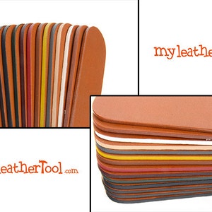 May include: A collection of leather pieces in various colors, including brown, black, white, and yellow. The image shows a close-up of the leather edges, with the text "my leatherTool.com" in orange.