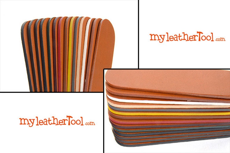 May include: A collection of leather pieces in various colors, including brown, black, white, and yellow. The image shows a close-up of the leather edges, with the text "my leatherTool.com" in orange.
