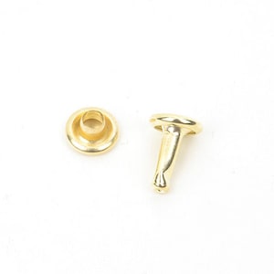 May include: Two gold-colored rivet fasteners on a white background. One rivet is assembled, showing a flat, rounded head and a post. The other rivet is disassembled, showing the cap. These fasteners are likely used in leathercraft or garment construction.