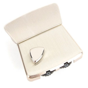 Könnte beinhalten: Gürtelschnalle aus silberfarbenem Metall mit gebürsteter Oberfläche. Die Schnalle hat eine rechteckige Basis mit einem aufklappbaren Oberteil und einem kleinen, schildförmigen Akzent. Das Design ist modern und minimalistisch.