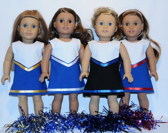 May include: Four dolls wearing blue, black and red cheerleading uniforms with white accents. The dolls are wearing gold, silver and red pom-poms.