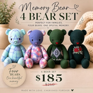 May include: A set of four Memory Bears in various colors: light blue plaid, tie-dye, dark green, and dark teal. Each bear has a heart-shaped nose and is part of a collection. The text reads "Memory Bear 4 BEAR SET".