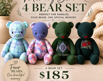 4 Piece Memory Bear Set, Custom Keepsake Bears Made from Loved One’s Clothing