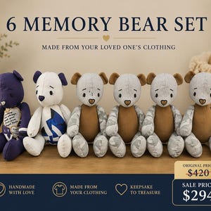 May include: A set of six handmade memory bears made from loved one's clothing. The bears are various colors, including purple, white, and brown, and have heart-shaped faces. The text on the image reads "6 Memory Bear Set" and "Made from your loved one's clothing."