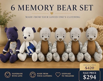 6 Piece Memory Bear Set, Custom Keepsake Bears Made from Loved One’s Clothing