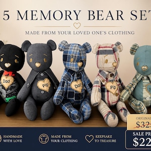 May include: A set of five memory bears made from clothing. Each bear is uniquely designed with different fabrics and colors, including black, gray, blue plaid, and a mix of patterns. Each bear has a heart-shaped patch with a name on it.