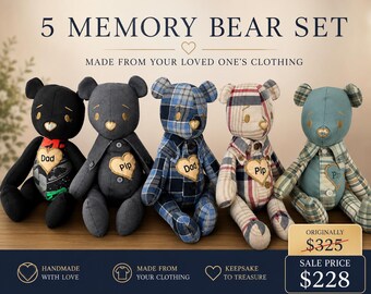 5 Piece Memory Bear Set, Custom Keepsake Bears Made from Loved One’s Clothing